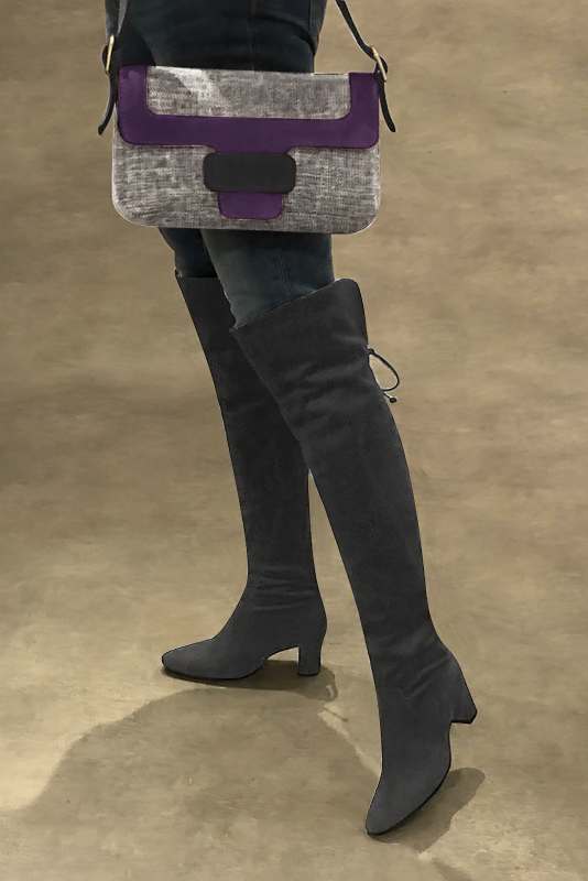 Dark grey women's leather thigh-high boots. Round toe. Medium block heels. Made to measure. Worn view - Florence KOOIJMAN